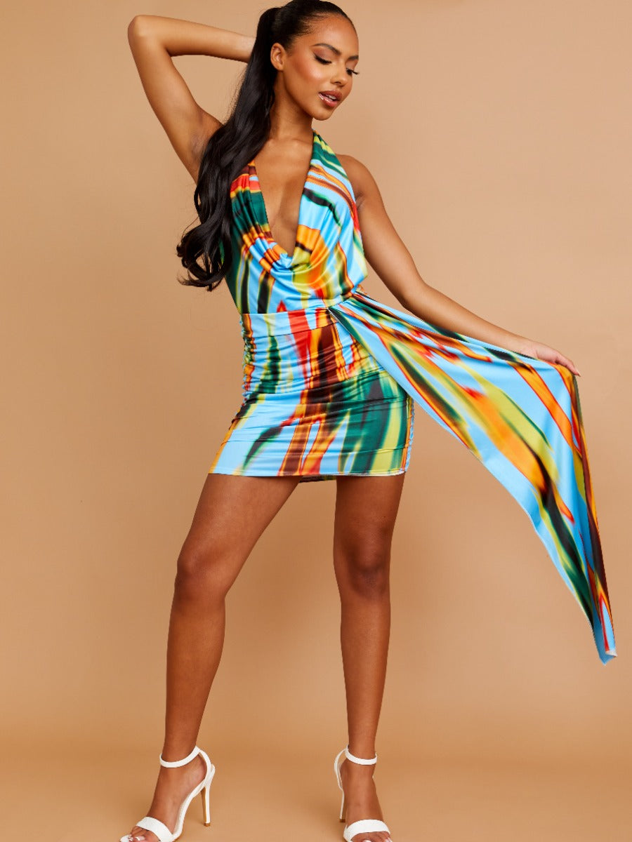 Cowl Neck Halter Dress, Blue Marble