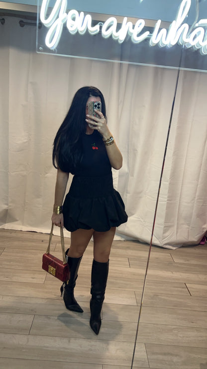 Black Shirred High Waist Bubble Skirt