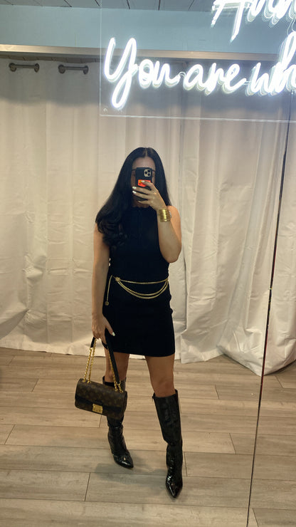 Black Sleeveless Zip Ribbed Knit Dress