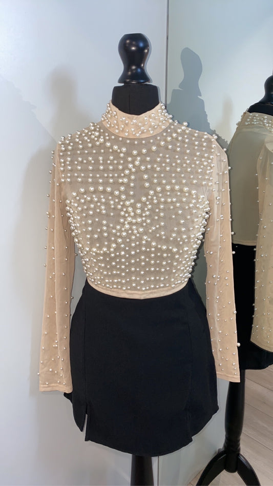 Pearl Embellished Mesh Top