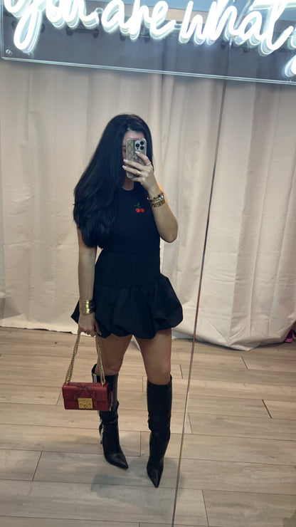 Black Shirred High Waist Bubble Skirt