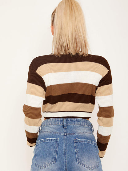 Brown Striped Cropped Cardigan